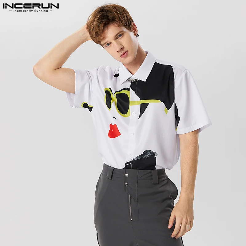 Men Shirt Printing Lapel Short Sleeve Loose Streetwear Casual Camisas Summer 2023 Fashion Leisure Men Clothing S-5XL INCERUN