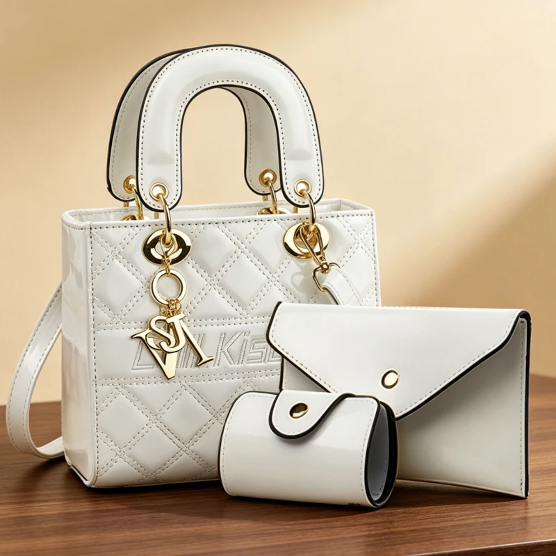 3-piece women's bag set, high-quality checkered patent leather women's handbag, new spring and summer women's crossbody bag