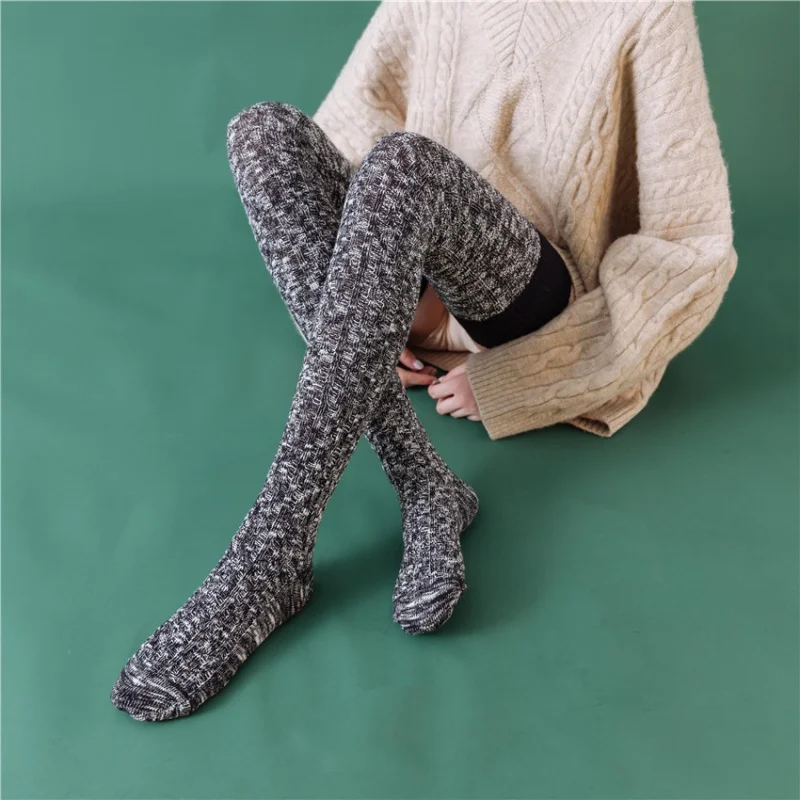 Autumn and Winter New Thick Thread Stockings Cotton Socks Women's Color Matching Hold-Ups Thigh High Socks