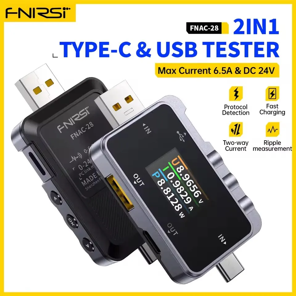 

FNIRSI FNAC-28 2 в 1, USB-тестер типа C, 6,5 А, цифровой вольтметр, измеритель тока, амперметр, тестер напряжения и тока, кабель, зарядное устройство, тест