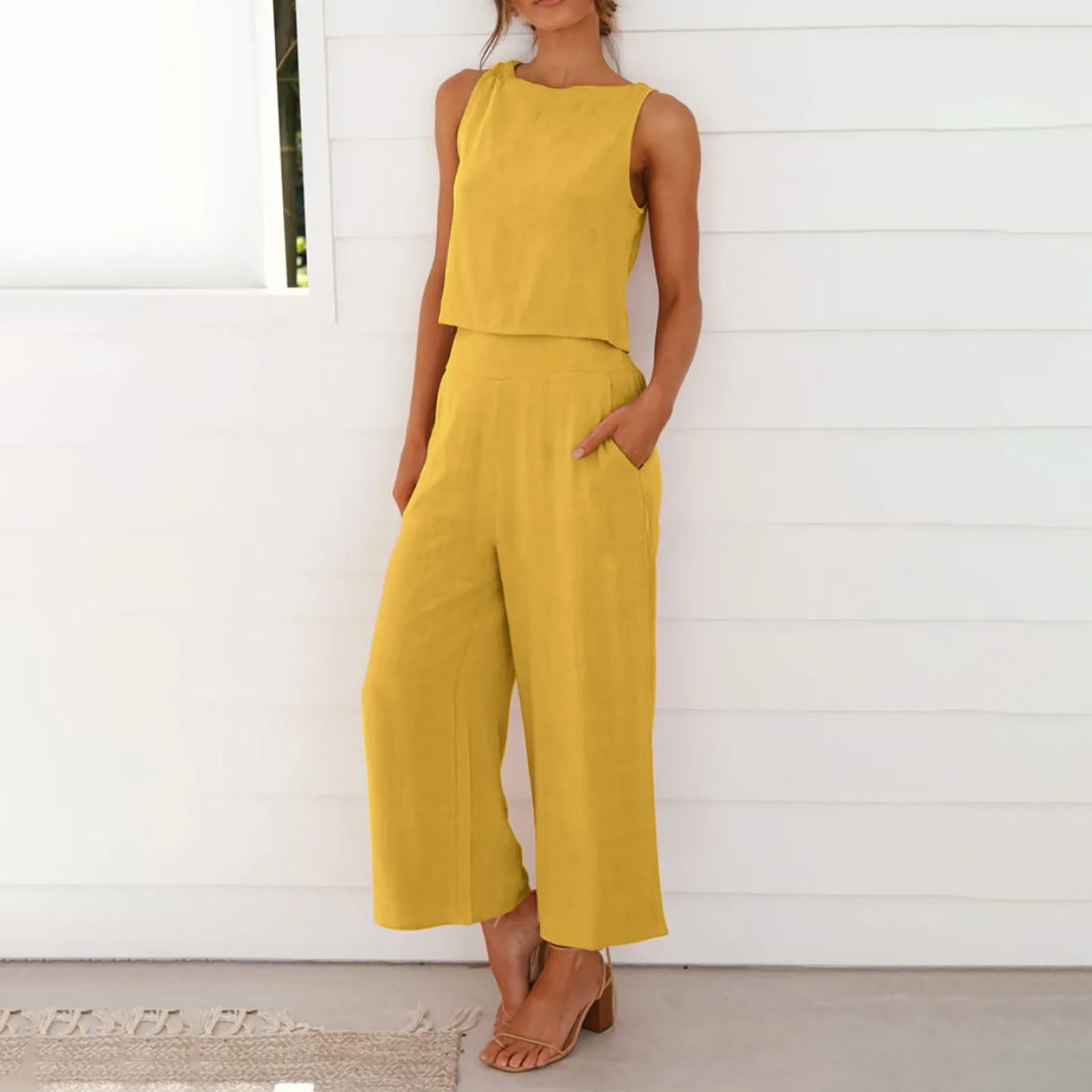 Women Summer Casual Linen 2 Piece Pants Set Solid Elegant Two Piece Suit Sleeveless Wide Leg Trouser 2024 New In Matcing Sets