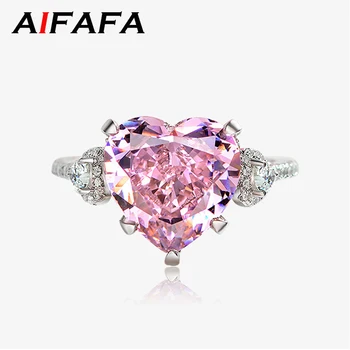 AIFAFA S925 Sterling Silver Sparkling 12*12 Created Moissanite Heart Pink Diamond Wedding Ring Fine Jewelry