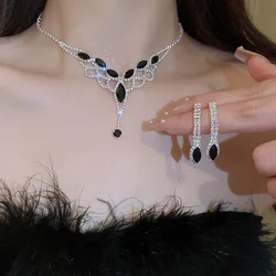 FYUAN Geometric Hollow Rhinestone Necklace Earrings Women Black Crystal Earrings for Wedding Bride Jewelry Sets Accessories