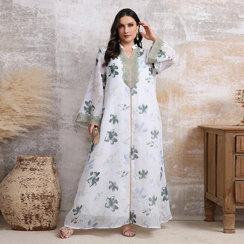 

Kyp1172 Printed Muslim Casual Robe, Light Luxury Socialite Party Dress, Plus Size Dress Abaya Ramadan Dubai Luxury Islam Elegant