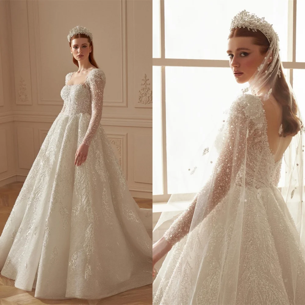 

Customized Exquisite White Organza Wedding Dress Elegant Square Collar Long Sleeves Chapel Train Sequined Backless Bridal Gowns