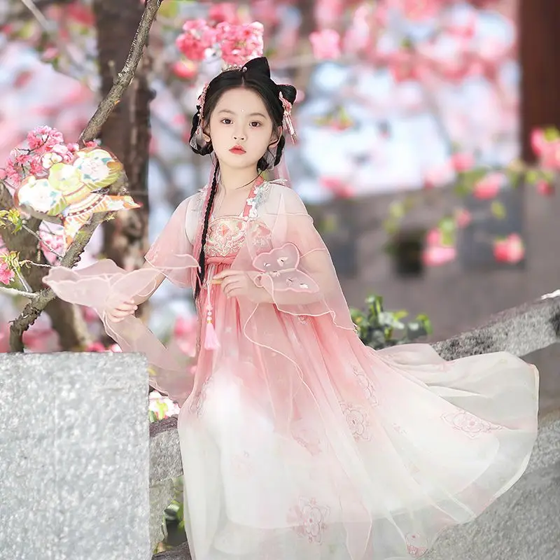 Robe brodée mignonne de princesse de la dynastie Tang chinoise Hanfu pour enfants, été chaud