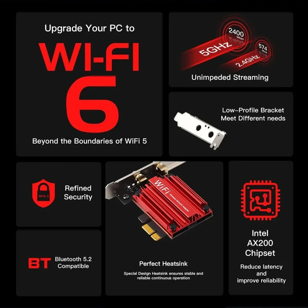 PCIe adaptor WiFi 2974Mbps, WiFi 6 AX200 untuk Bluetooth 5.2 Dual-Band 2.4G/5G nirkabel PCIe adaptor WiFi 802.11AX 6 kartu untuk PC Windows 10/11