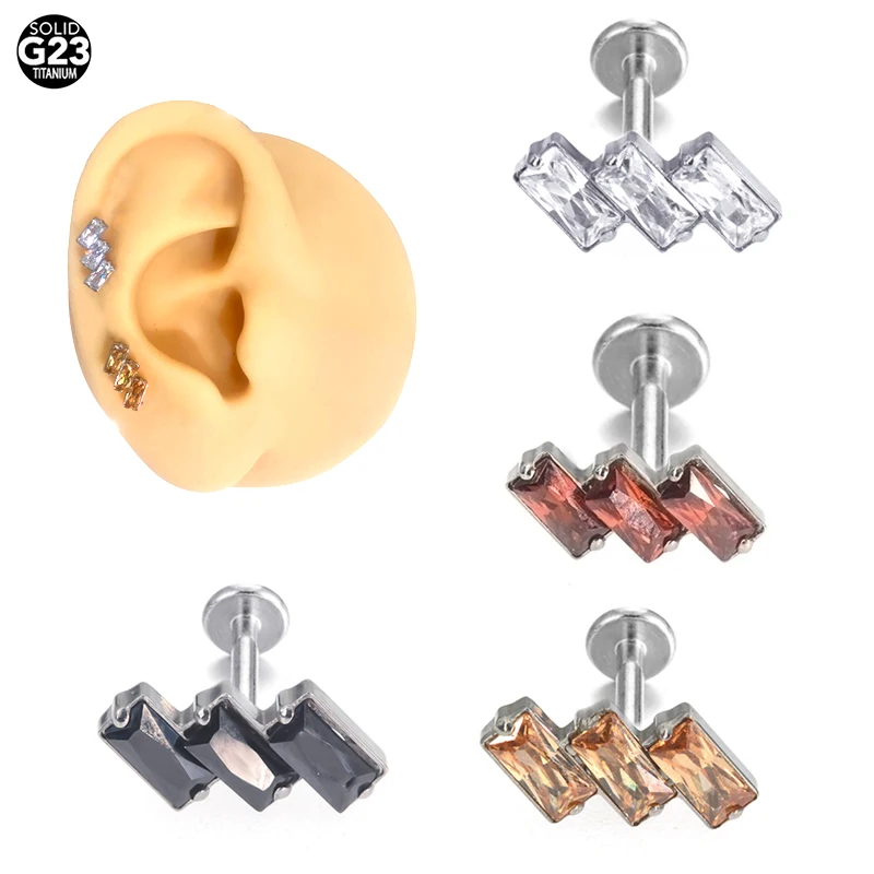 G23 F136 Titanium Ear Studs PIERC EAR Thread 3 5A CZ Set Rectangles CZ Top EARRING Labret Lip Stud Tragus Helix Body Piercing