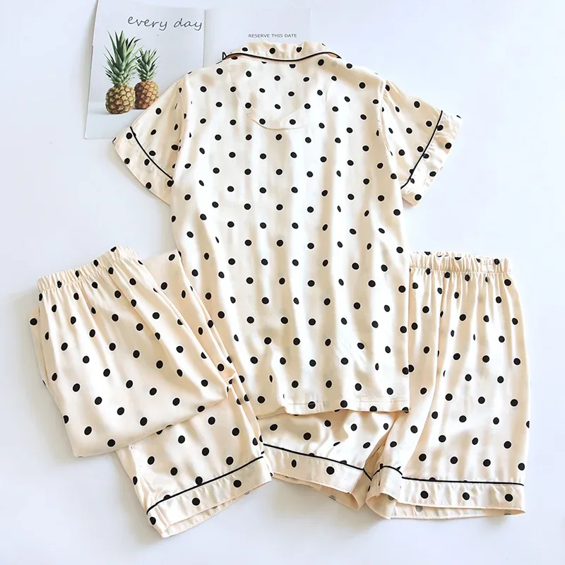 Conjunto de pijama de tres piezas para mujer, Set de ropa de dormir de manga corta, pantalones cortos y pantalones de fibra viscosa, mobiliario