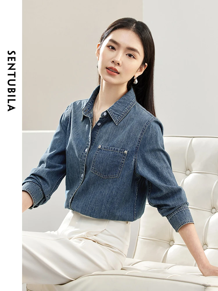 SENTUBILA Denim Shirt for Women Spring 2024 Korean Fashion Long Sleeve Tops Casual Button Up Shirt Jacket Outerwear W41C53537