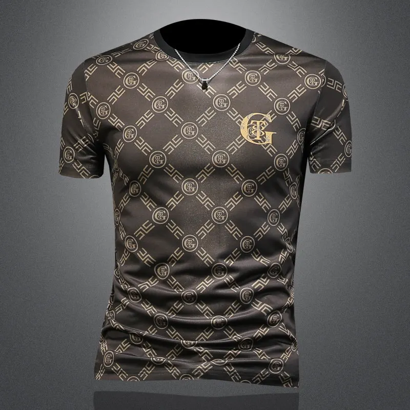 Luxury Retro Printed Short Sleeved T-shirt Men 2026 Spring Summer Round Neck Casual Social T-shirt Breathable Streetwear Tee Top