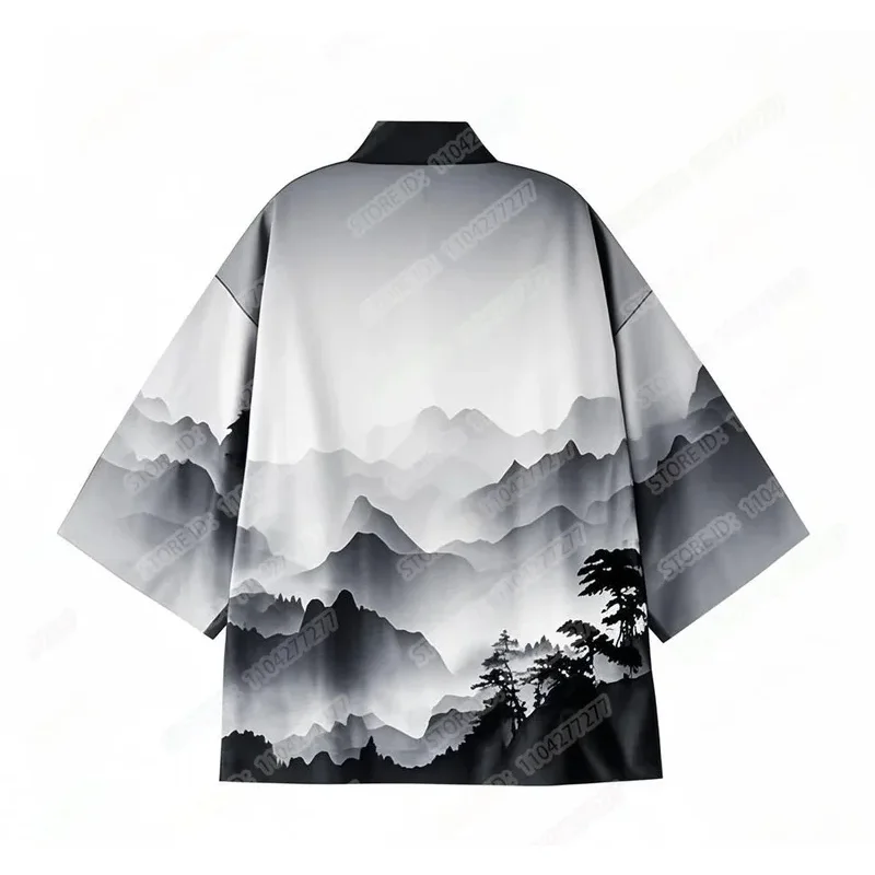 Men's Kimono Shirt Cardigans Landscape Painting Japanese Ukiyoe Loose Fit Open Front Shirt Kimono Men Casual Summer Beach Shirt