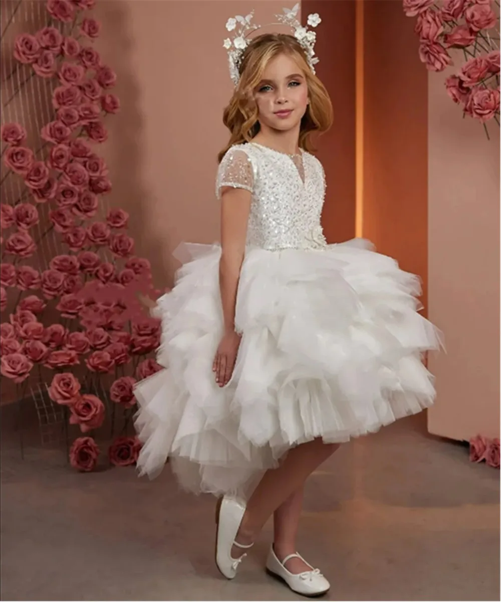 

Elegant Flower Girl Wedding Dress Puffy Layered Sparkle Applique Sequins Princess Birthday Party Dress First Communion Gown