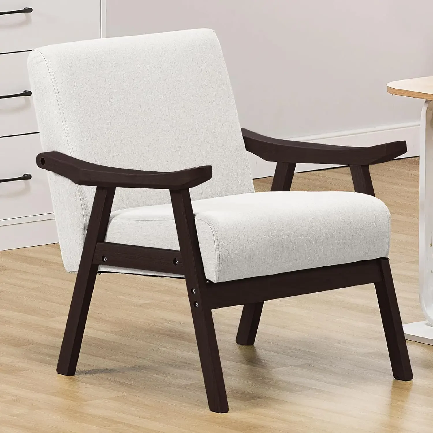 

Accent Chair, Mid Century Modern Chair with Solid Wood Armrest, Comfy Upholstered Reading Armchair(Brown Curved Armrests, Beige)