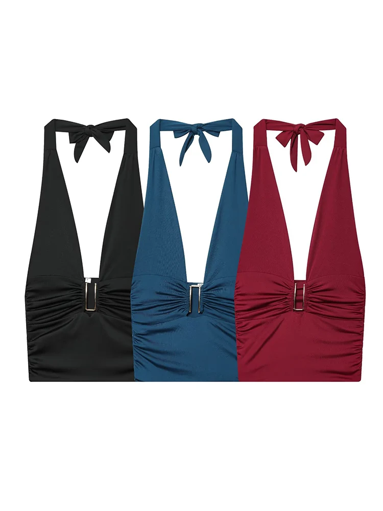 

New Halter Tops Fashion Metal Decoration Backless Top Woman 2025 Sleeveless Hanging Collar Short Tops For Women Sexy Party Top