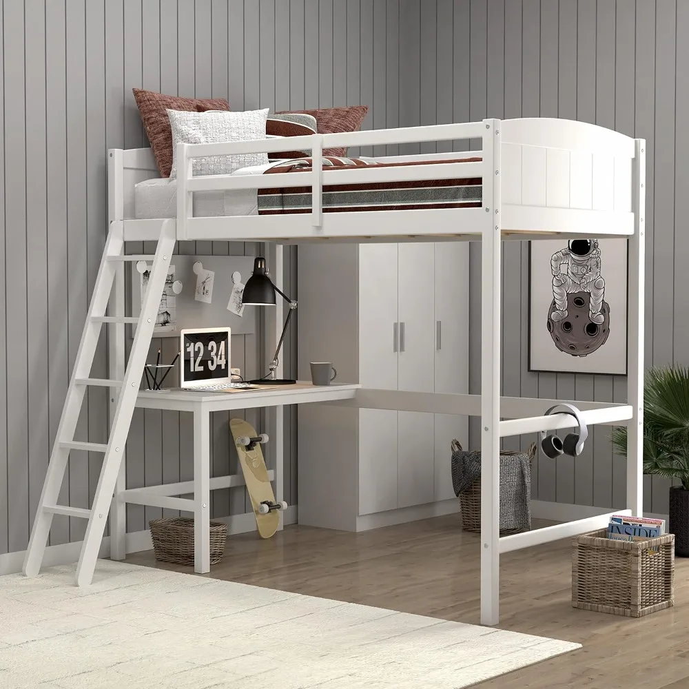 Contemporary Wood Arch Twin Size Loft Bed with Desk, White