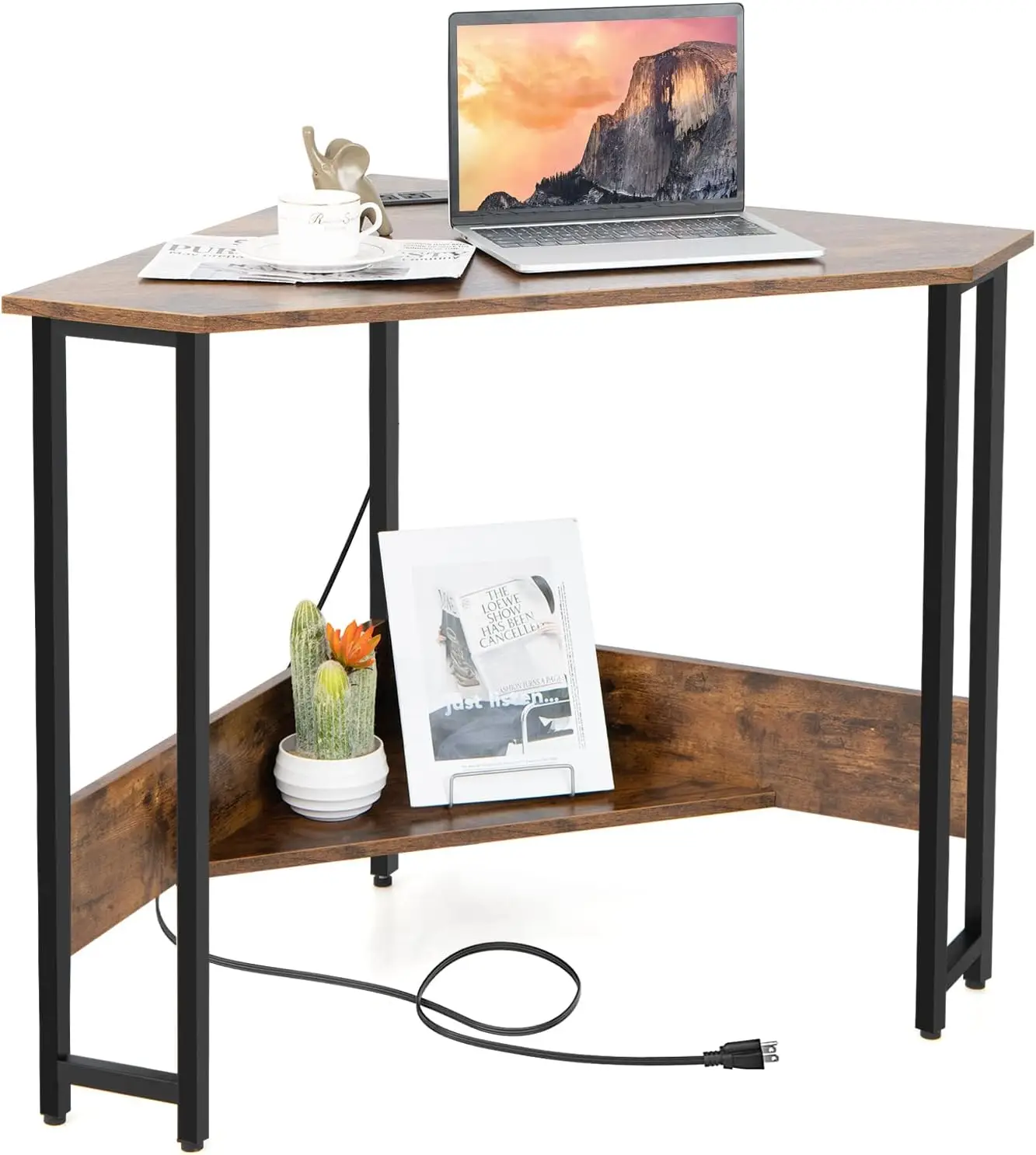 Space-Saving Rustic Brown TRIANGLE Design Corner Desk with Power Outlet & USB Ports Home Office Furniture