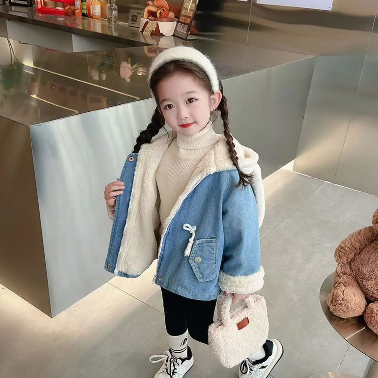 

Autumn and Winter Girls' Rabbit Ears with Velvet Thickened Cowboy Coat New Children's Baby Imitation Rabbit Hair Warm Coat