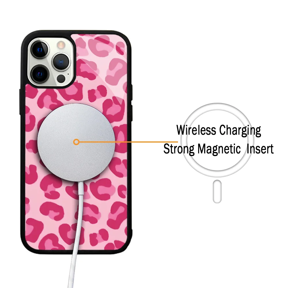 Pink Cheetah Leopard Print Aesthetic Case For iphone 11 12 13 14 15 Plus Pro Max Mirror Acrylic For Magsafe Wireless Charging