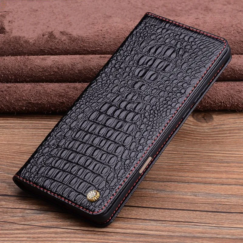 

Luxury Genuine Cowhide Leather Magnetic Flip Case for Honor 500 Pro Honor500 Crocodile Grids Pattern Cover Metal Logo Book