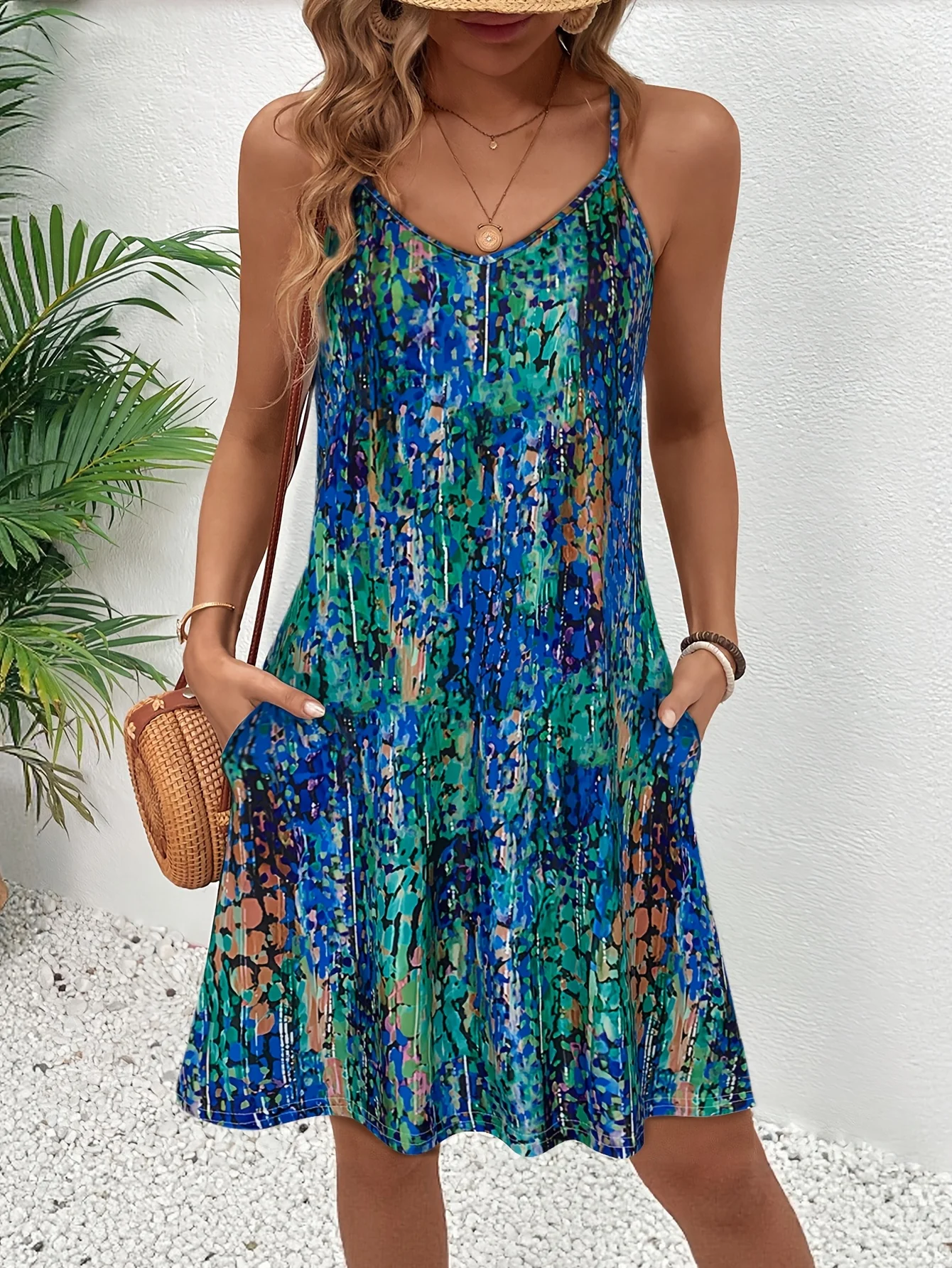 Damen-Kleid mit blau-grünem abstraktem Print, Sommerkleid, lässig, V-Ausschnitt, ärmellos, A-Linie, fließendes Sommerkleid mit Tasche