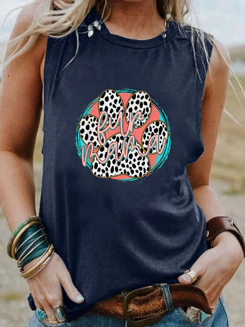 Fur MaMa Leopard Print New Arrival Sleeveless Tshirt Dog Mom Funny Summer Casual Sleeveless Top Gift for Her Pet Lover Shirt