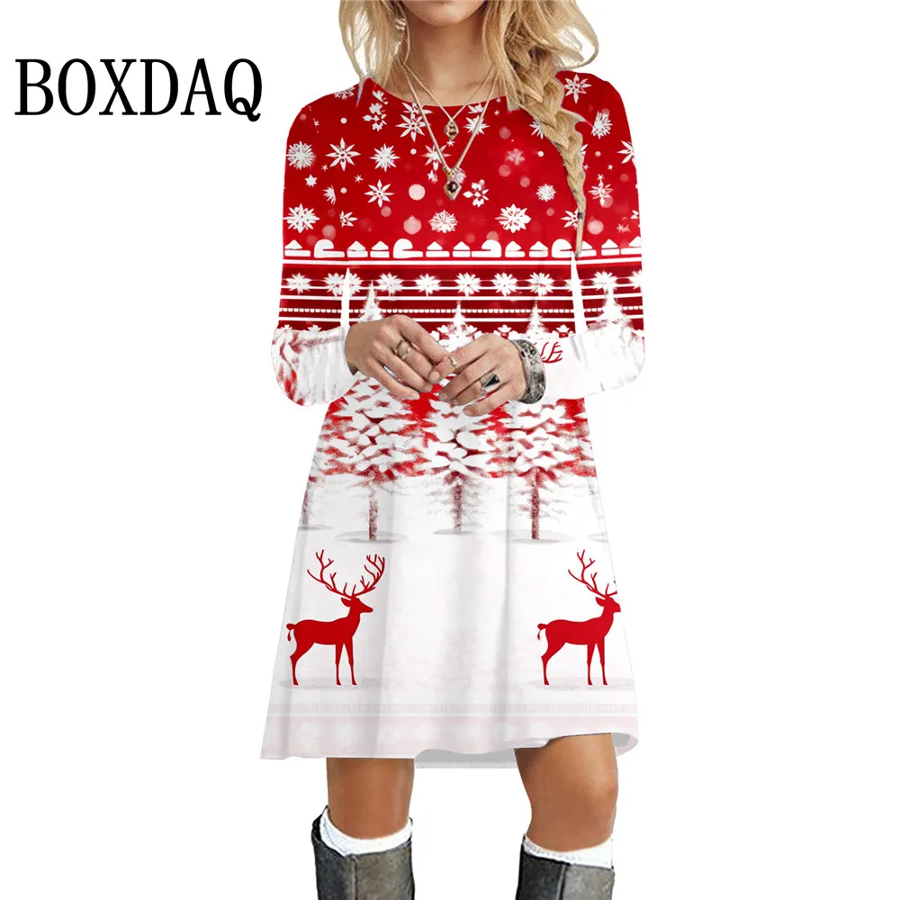 

2025 рождественские вечерние платья с изображением лося на зиму, платье трапециевидной формы с длинными рукавами для женщин, повседневное мини-платье с принтом рождественской елки и снежинок