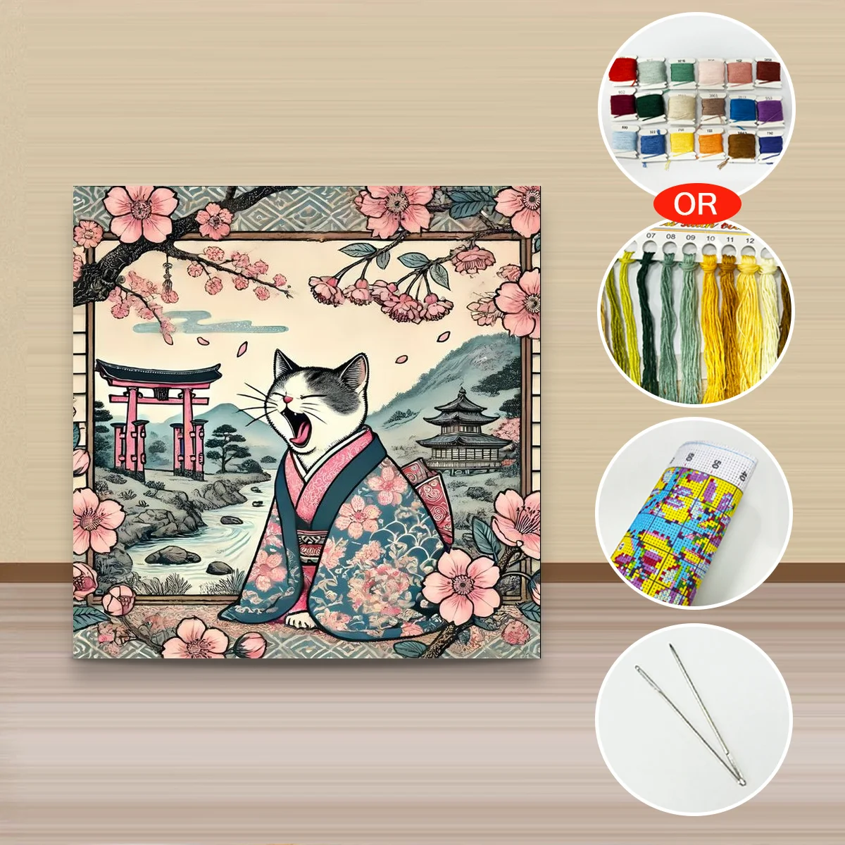 1 Stück 40x40 cm/15,74 Zoll, 11Ct/14Ct Kreuzstich-Set, DIY Valentinstagsgeschenk, Stickerei-Set für Festlichkeiten, Sakura-Katze-Kimono – Detail 2