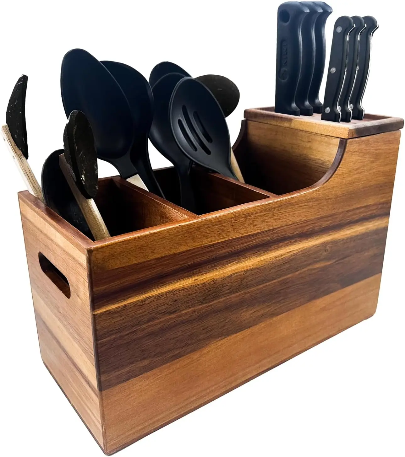 Utensil Holder & Organizer with 6-Knife Storage Block - Wood - Countertop or Wall Mountable