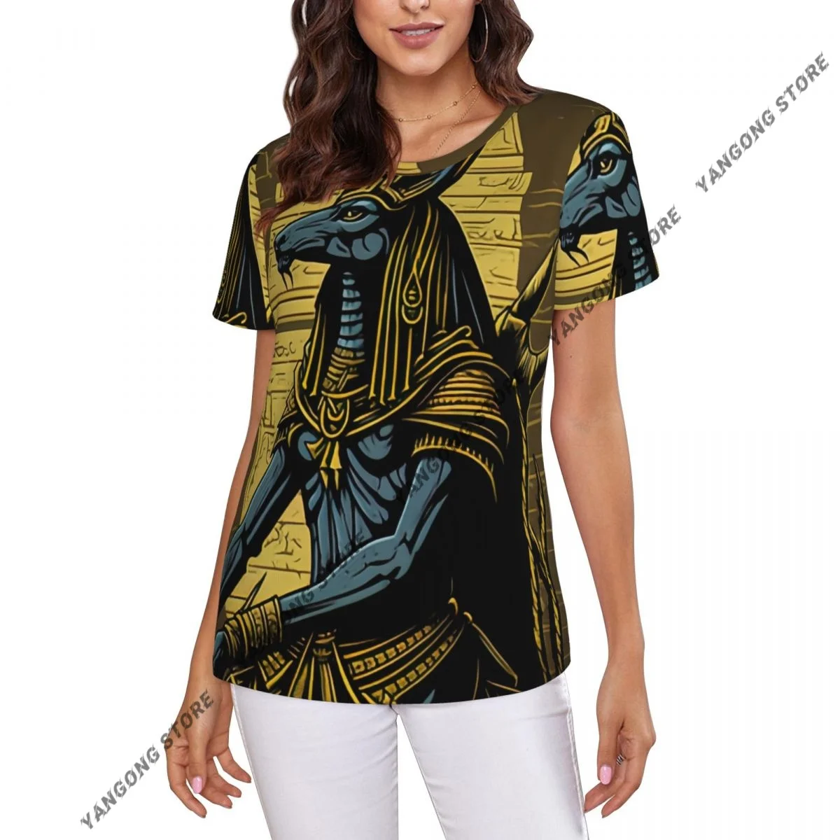

T Shirt Women Egyptian God Anubis Art Tee Shirt Casual Round Neck Short Sleeve Streetwear Female T-Shirt