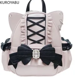 Sweet Japanese Lace Bow Cat Ear Backpack Student Women's Lolita Black Pink Cute Leather Shoulder Bag Schoolbags Mochilas Mujer