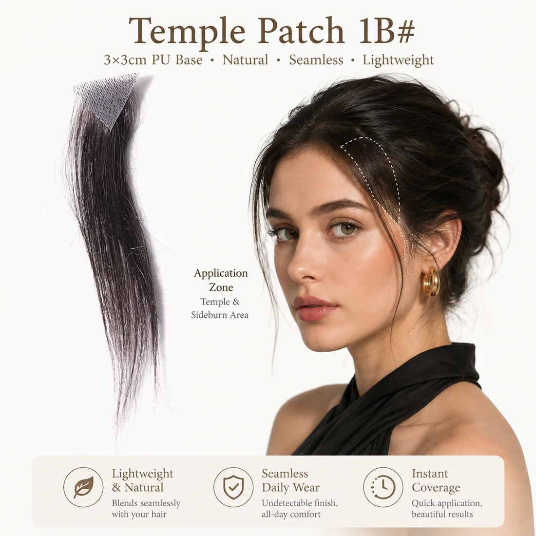 Lightweight Invisible 3x3 Triangle PU Hairpiece for Women, Hairline Topper Patch for Temple Coverage
