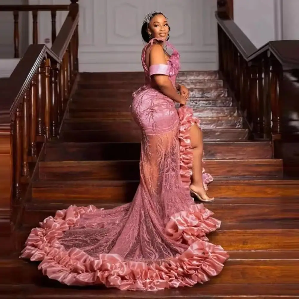 Aso Ebi Pink Lace Beaded Plus Size Evening Party Dress African Women Birthday Celebrity Formal Women Gown Mermaid Prom Dresses