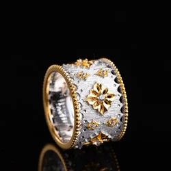 Temperament 925 Silver Engraved Gold Craft Lace Edge Snowflake Rings for Women Delicate Engagement Banquet Cocktail Jewelry Gift