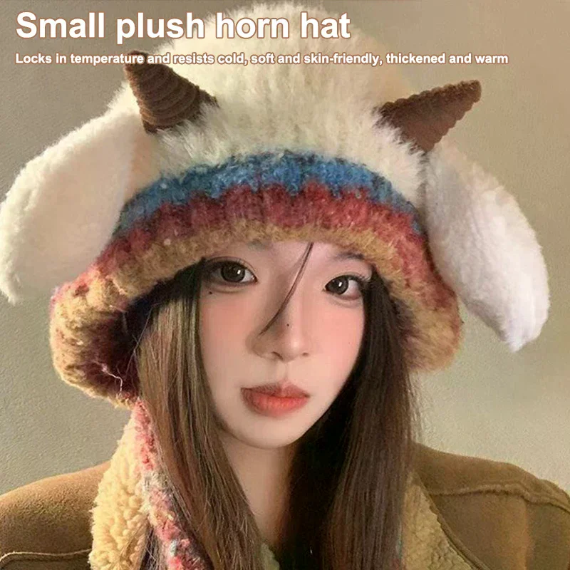 Mignon épais en peluche tricoté chapeau filles hiver chaud oreille Protection bonnets chapeau femmes confortable corne pull chapeaux
