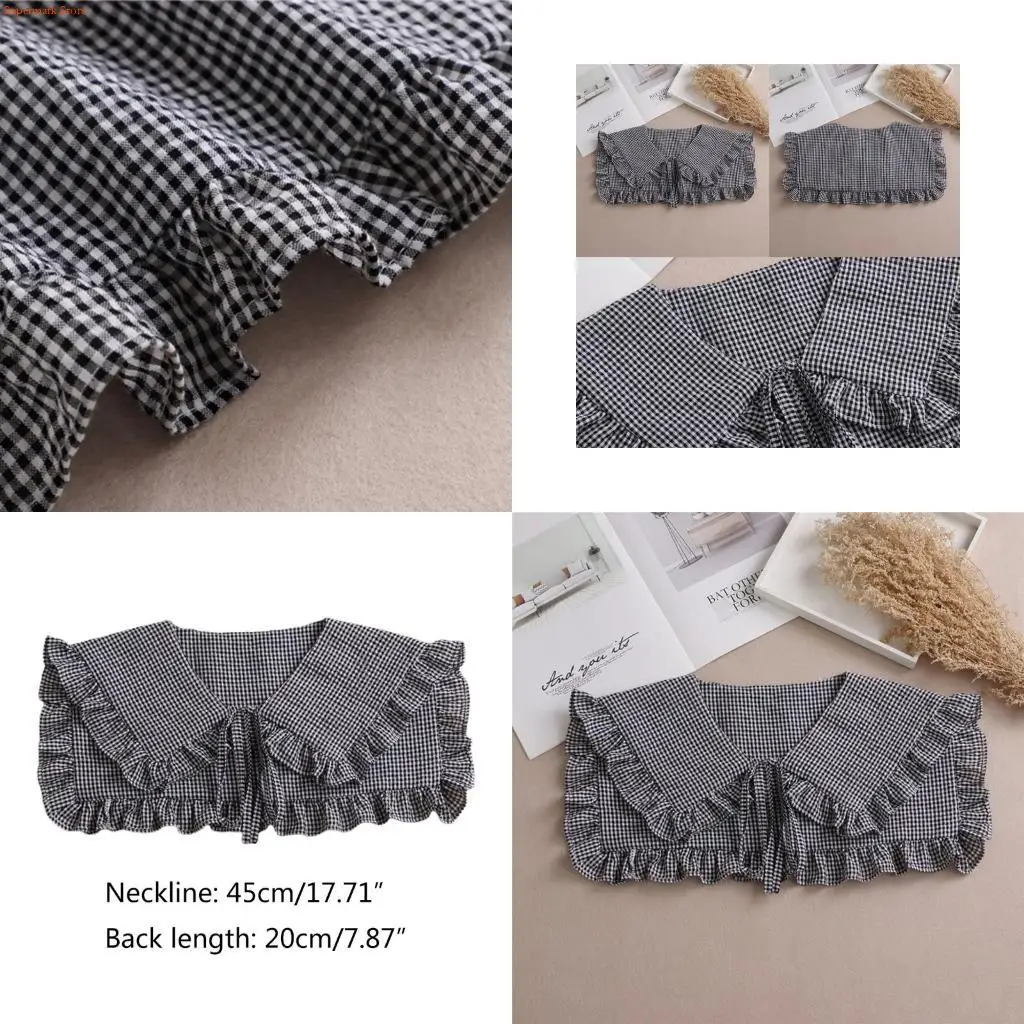 Q5WE Women Girl False Fake Collar Plaid Checkerboard Lapel Detachable Necklace Shawl Lace-Up Bowknot Mini