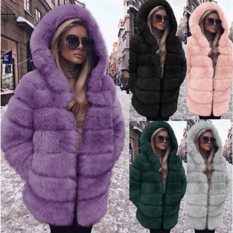 Autumn Winter Women's Coats Faux Fur Thick Warm New 2024 Fox Hair Medium Long Splicing Long Sleeve with Hat Women's Clothing