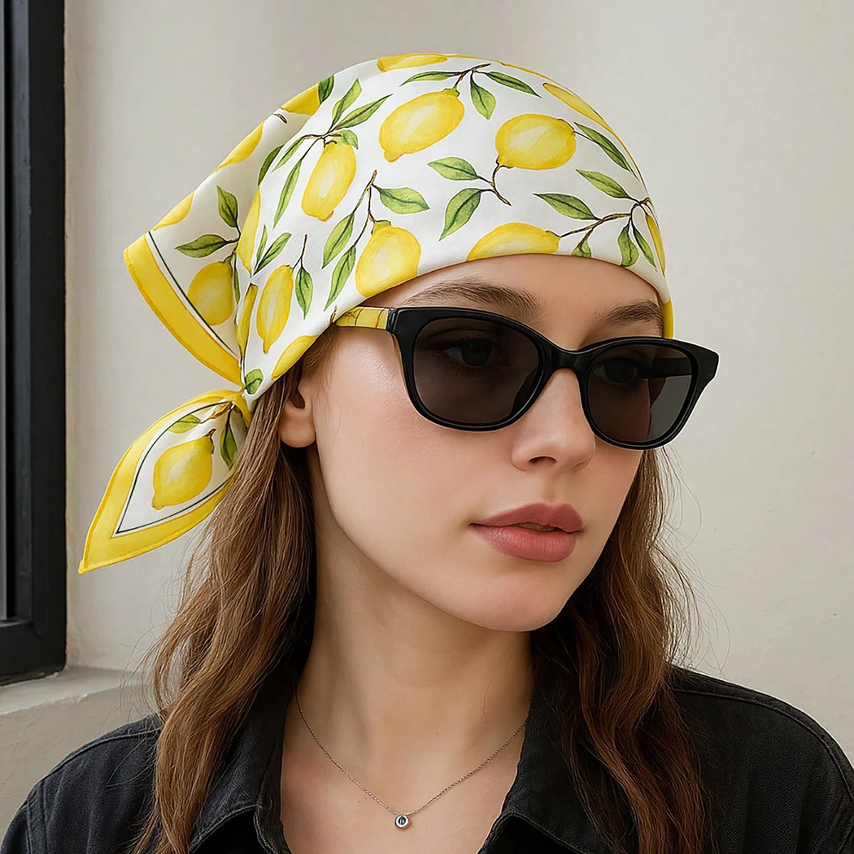 

AWAYTR Summer Sunscreen Lemon Print Hairband Square Beach Silk Scarf Headband Casual Elegant Neck Shawl Women Head Wrap