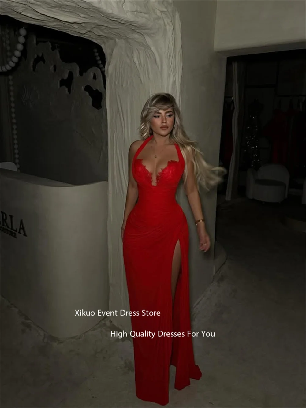 Xikuo Halter Neckline Sweetheart Evening Dresses Red High Side Slit Prom Dress Ruched Special Chic Occasion Gowns Customized