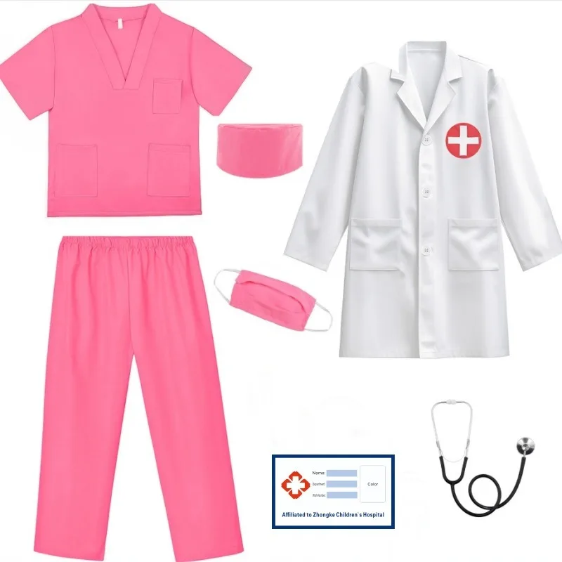 Seragam Bedah Kerja Perawat Dokter Simulasi Anak Laki-laki Perempuan dengan Set Kostum Pesta Halloween Permainan Peran Natal Balita