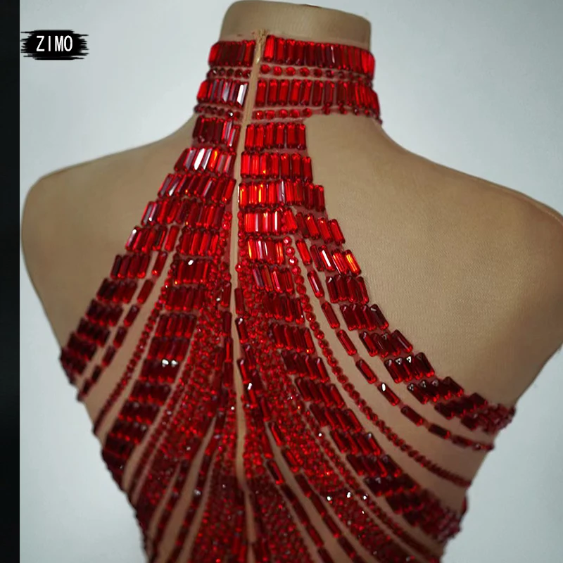 New Red Full Rhinestone Sexy Short Dress Women Stage Dancer Singer Performance Birthday Party Pole Dance Club Drag Queen Costume