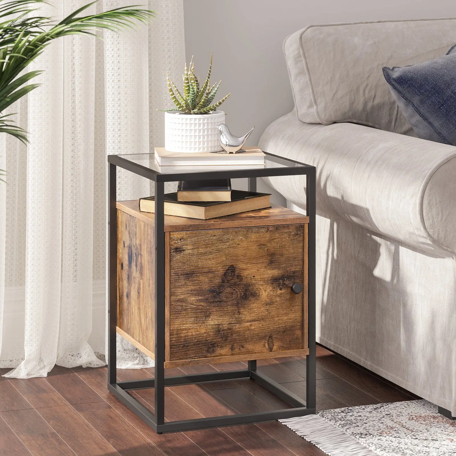 VASAGLE side table (1-St), bedside tables, with wardrobe, hard glass top