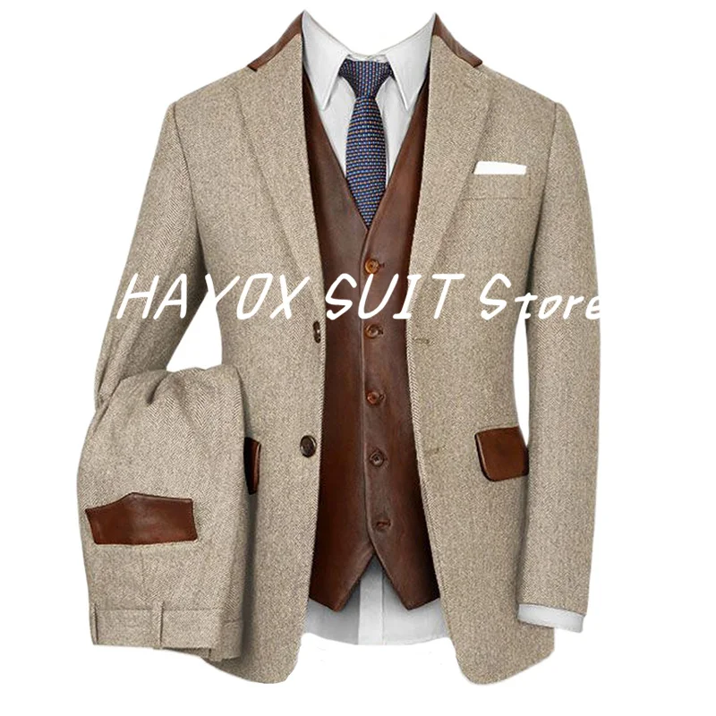 2024 Men\'s Suits Vintage Light Beige Tweed Slim Fit Single Breasted Suit Two Piece Suits For Wedding Herringbone Men\'s Dresses