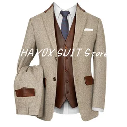 2024 Men's Suits Vintage Light Beige Tweed Slim Fit Single Breasted Suit Two Piece Suits For Wedding Herringbone Men's Dresses