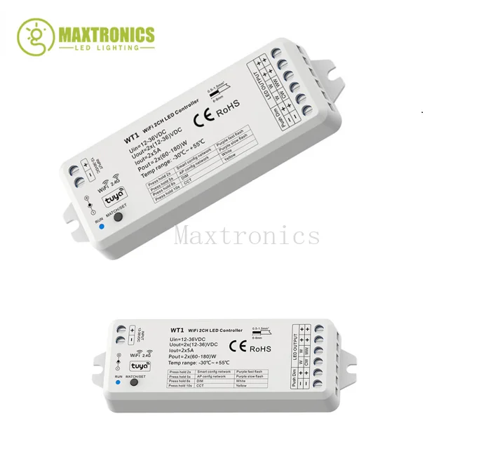 Tuya WT1 DC12V-36V WiFi LED Controller 2CH With Alexa Google Home Dimmer +2.4G RF Remote control For Single Color CCT LED Strip