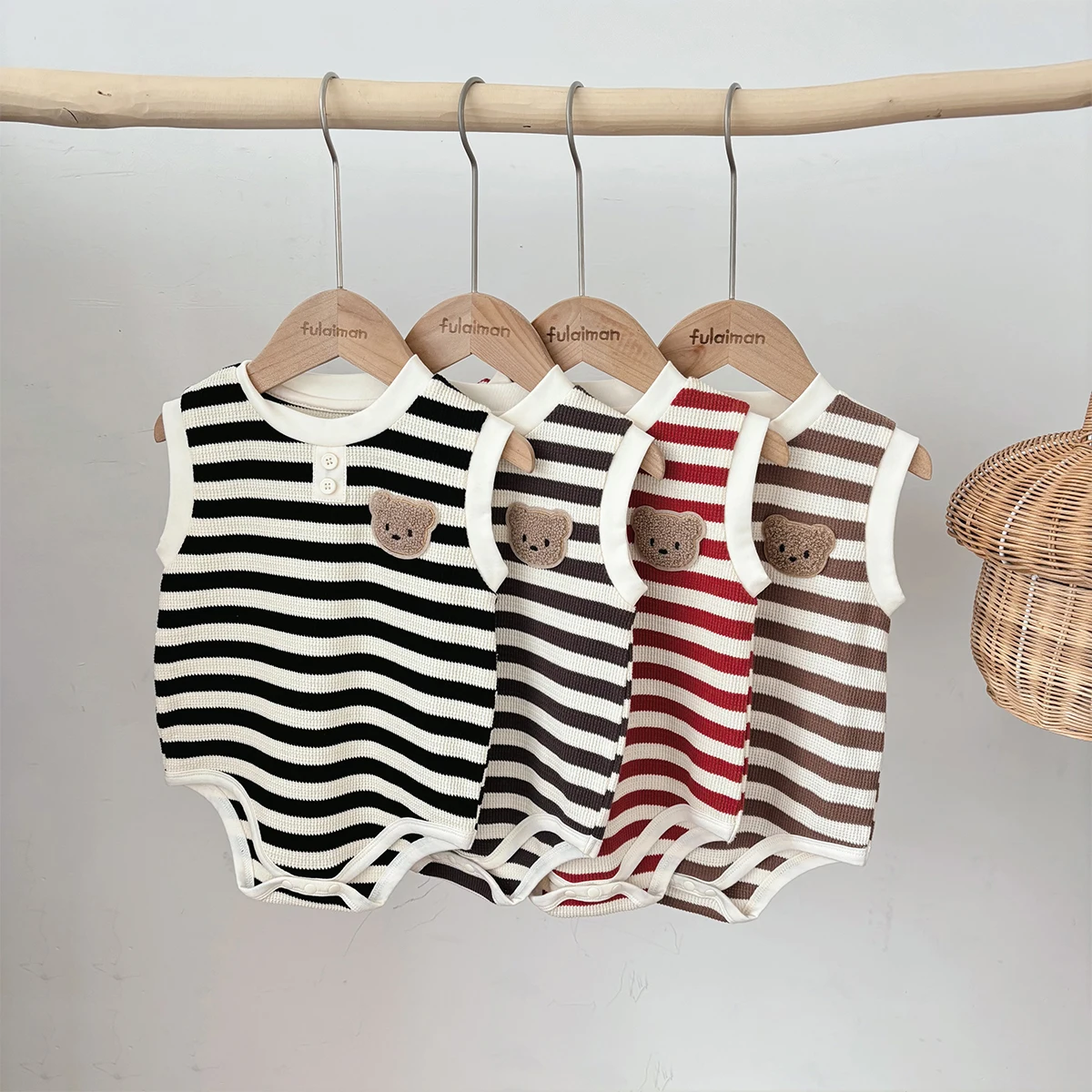 2026 Summer Baby Striped Vest Triangle Bodies Baby Cute Bear Pattern Vest Bodies