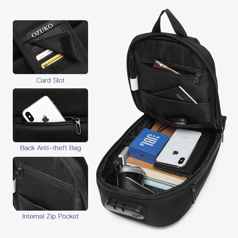 OZUKO Anti-theft Crossbody Bags Male Waterproof USB Charging Chest Pack Short Trip Messenger Sling Bag Shoulder Chest Bag