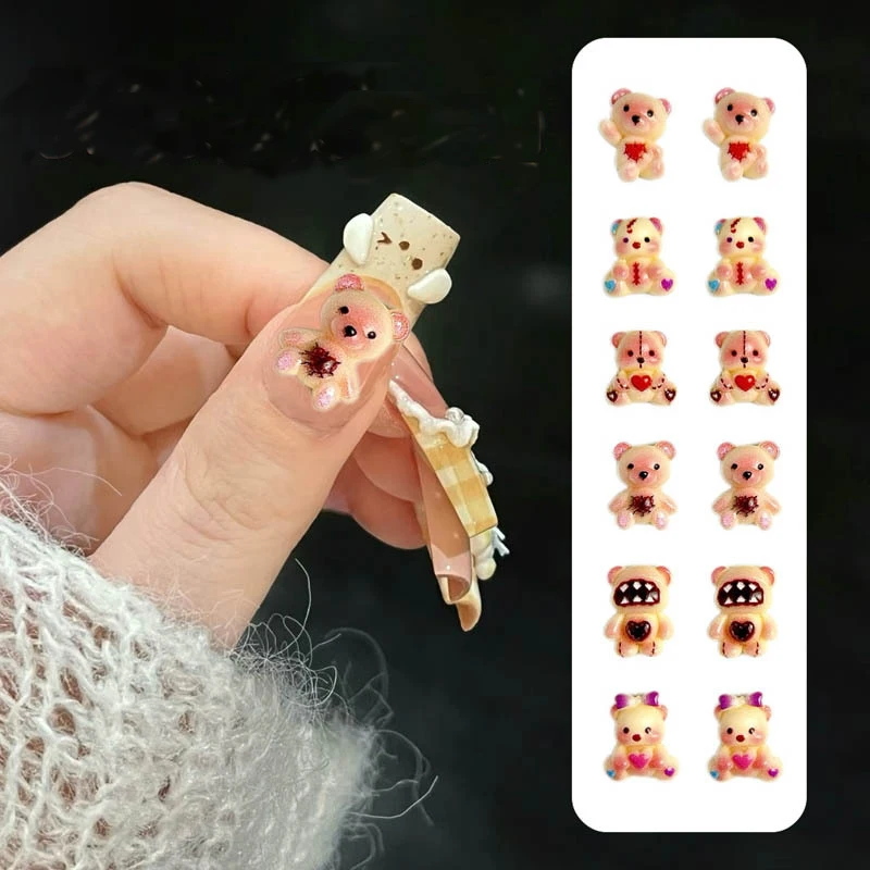 30PCS Resin Cartoon  Heart Teddy Bear Nail Art Charms 3D Cute Powder Blusher Bear Nail Decoration Accessories for DIY Manicure