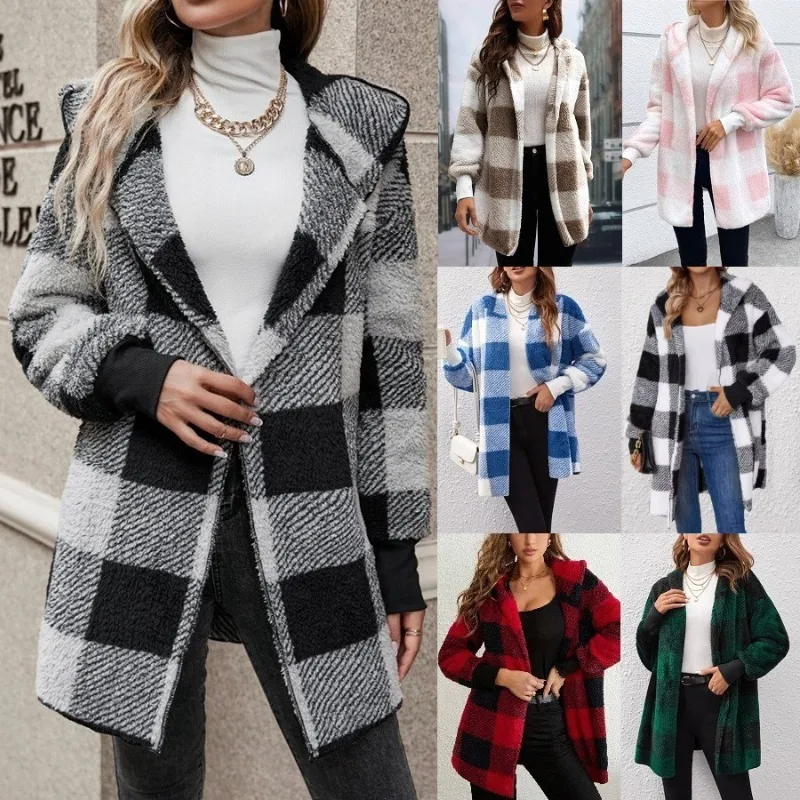 

Женский осенне-зимний клетчатый термотоп с капюшоном, средний и длинный плюшевый кардиган, куртка