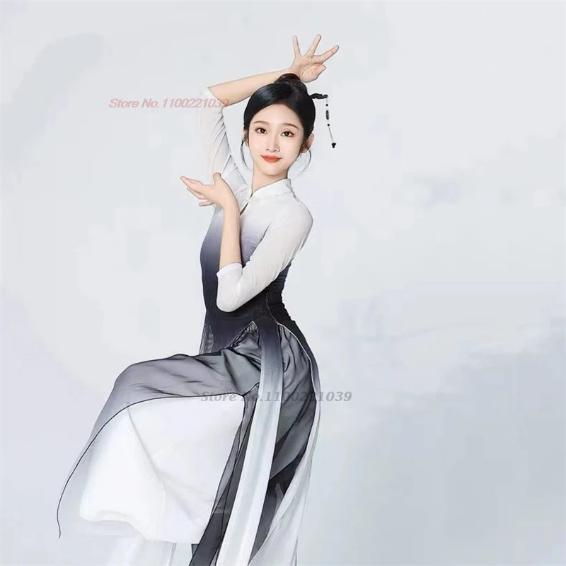 2026 chinese vintage folk dress gradient color qipao tops+pants set festival stage dress oriental performance folk dance suit